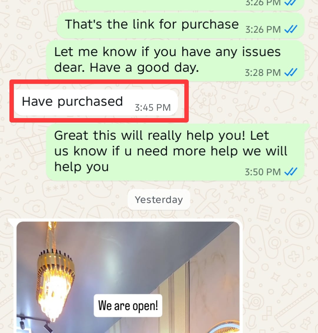 WhatsApp conversation with a salon owner confirming her purchase of the content guide