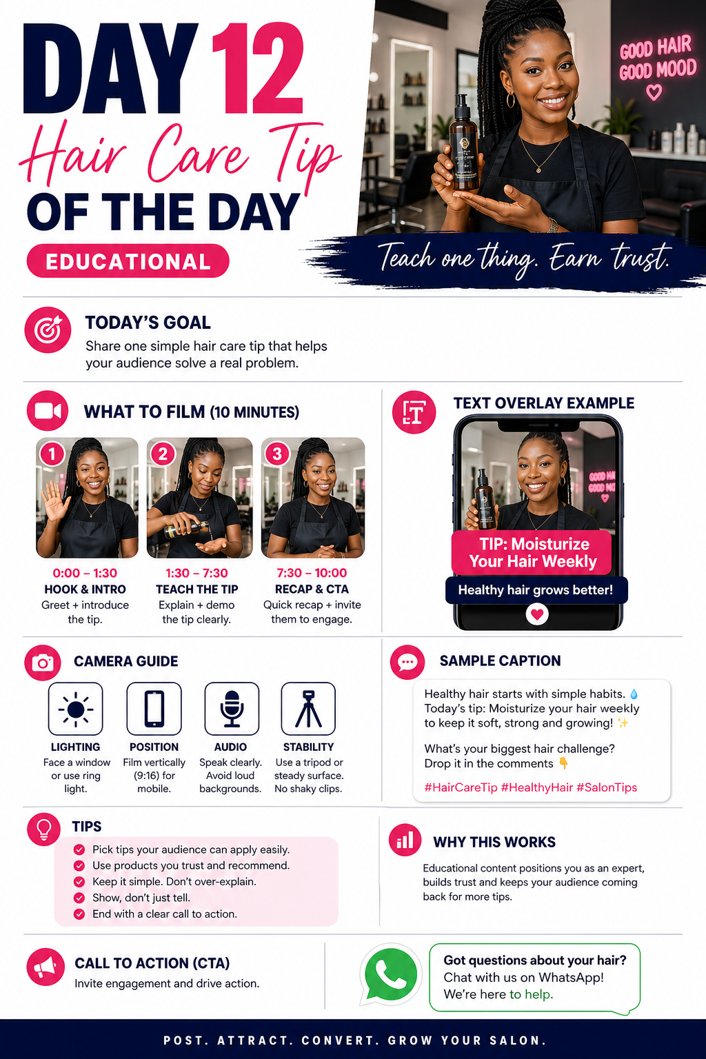 Day 12 page from the guide showing an educational hair care tip content plan