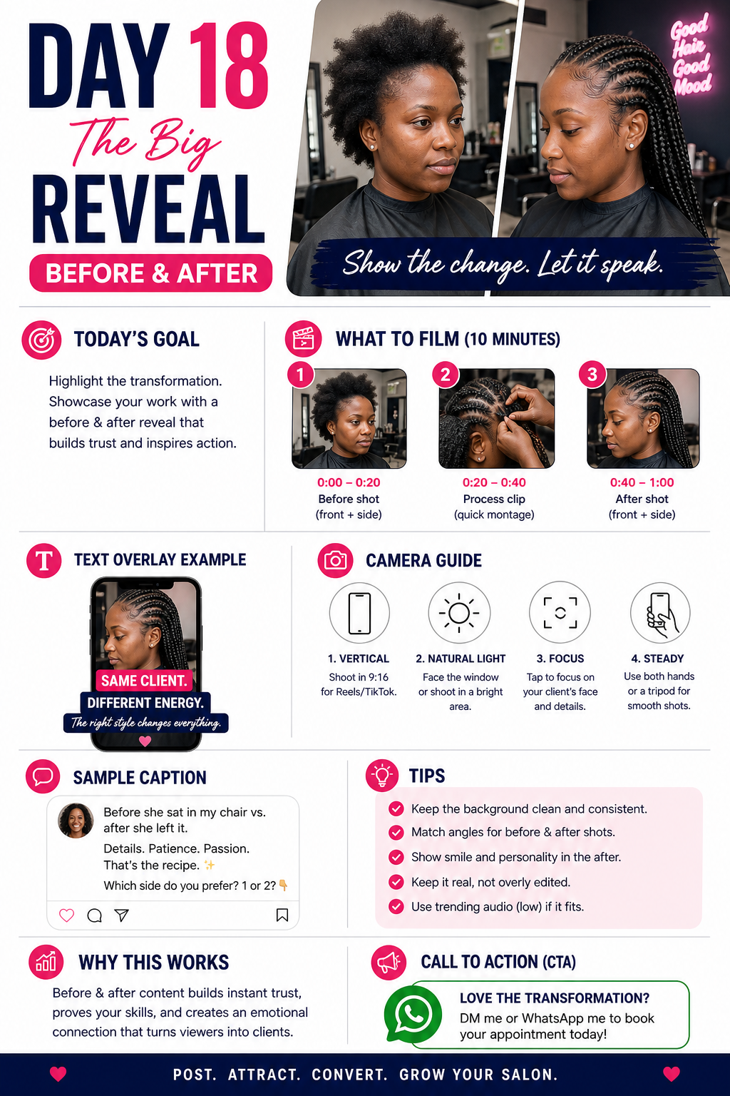 Day 18 page from the guide showing a before and after reveal content plan